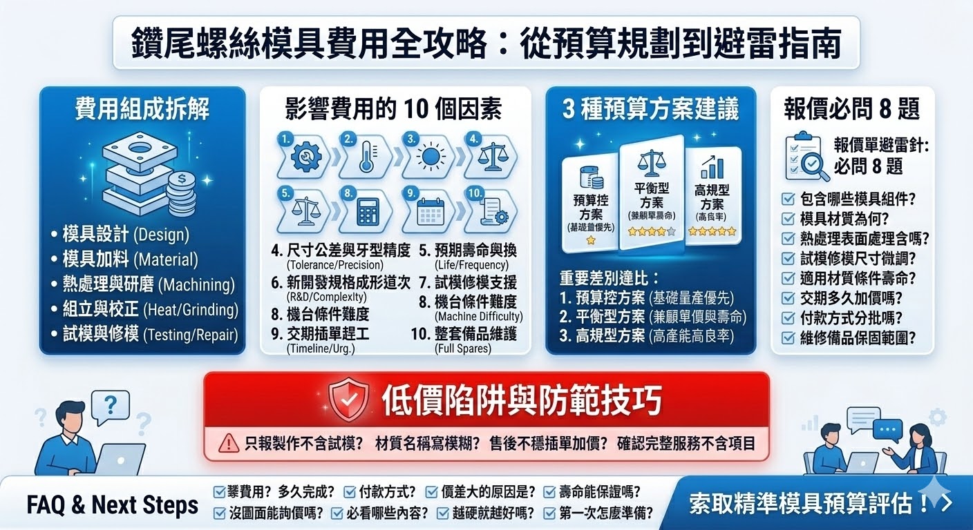 準確評估鑽尾螺絲模具的開發成本，是確保螺絲量產品質與良率的關鍵。這類模具並非單一零件，而是由打頭、鑽尾成形及搓牙等多種精密組件構成，其報價受材料等級、加工精度與熱處理穩定性深度影響。選擇優質的鑽尾螺絲模具能有效延長使用壽命、降低換模頻率，進而優化整體的生產總持有成本。本文詳細拆解報價單中的費用組成，並分析影響價格的十大核心因素，幫助您在面對特殊規格或高強度材質開發時，能快速判斷方案的合理性。掌握詢價前應準備的關鍵資料，您將能與供應商更有效率地溝通，找到兼顧單價與產能穩定性的最佳模具解決方案。